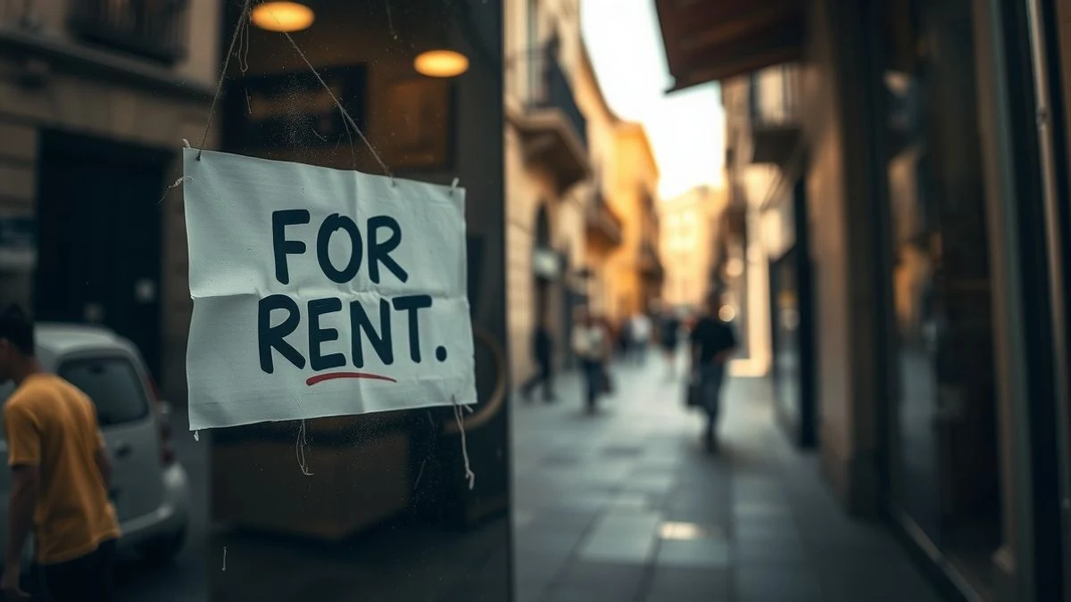Imagen ilustrativa: escaparate vacío y polvoriento de un local comercial cerrado en una calle peatonal del centro de Huelva, con un cartel de 'Se alquila' y reflejos de edificios antiguos al fondo.