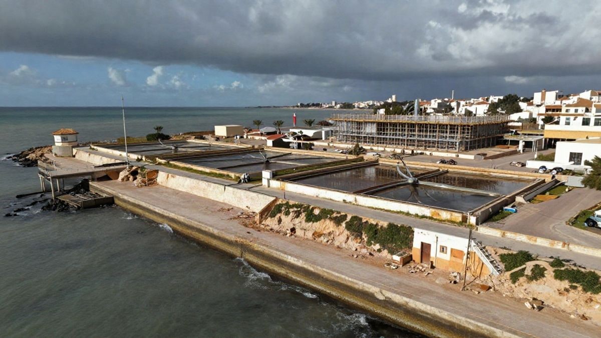 Imagen ilustrativa: vista aérea de una costa erosionada con un paseo dañado y una planta de tratamiento en obras al fondo.
