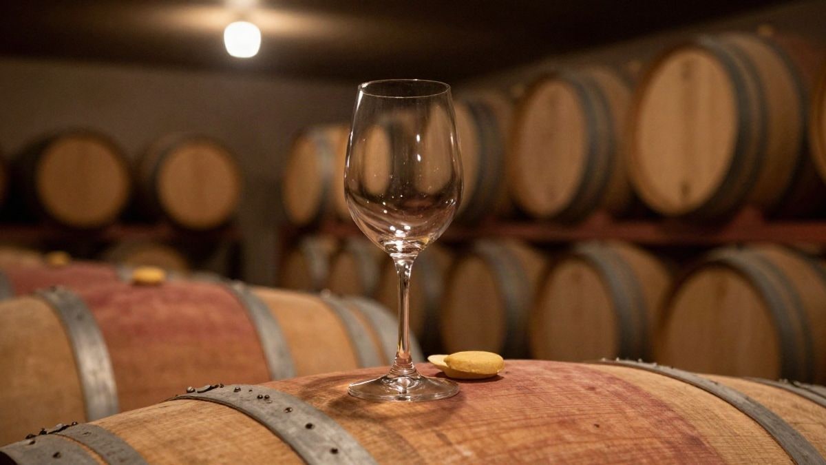 Imagen ilustrativa: copa de vino sobre una barrica en una bodega iluminada con luz cálida