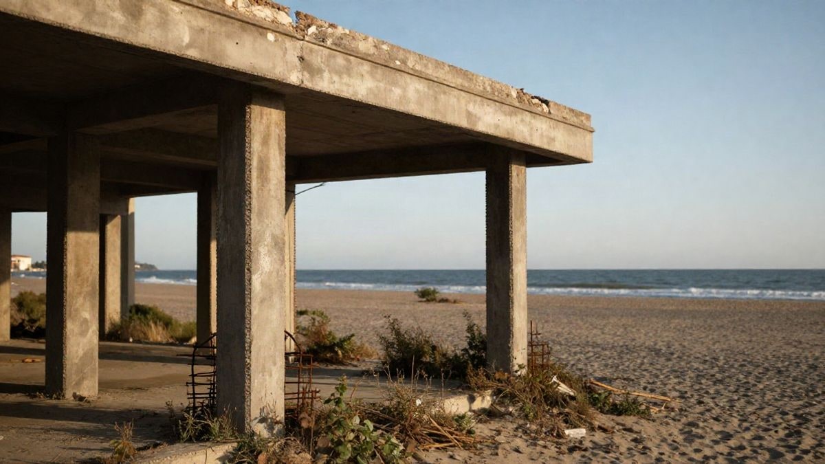 Imagen ilustrativa: estructura de hormigón abandonada junto a la costa con hierros oxidados y vegetación seca alrededor
