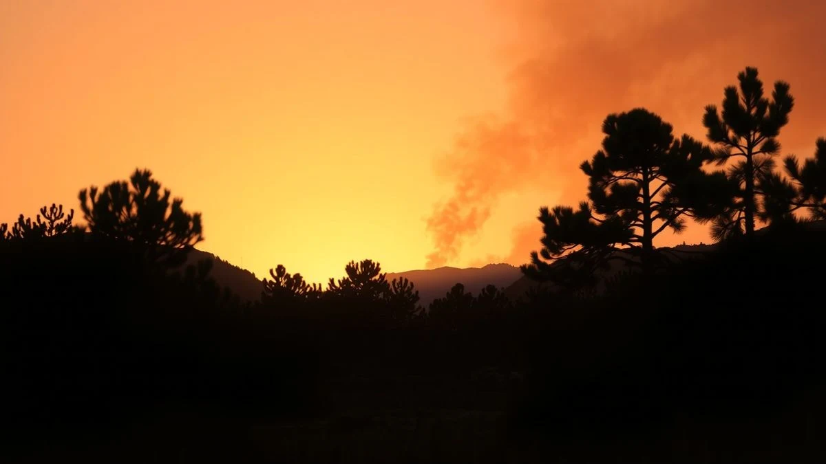 Imagen ilustrativa: un incendio forestal al atardecer en una zona de pinar, con humo y llamas visibles entre los árboles.