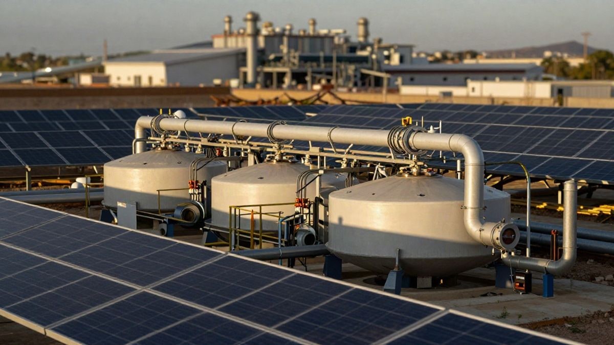 Imagen ilustrativa: equipos industriales de electrólisis en un parque energético en construcción al atardecer