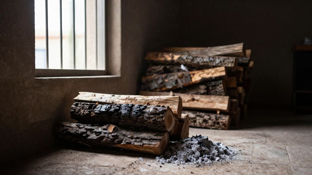 Imagen ilustrativa: interior de un taller rústico con troncos carbonizados y ceniza en el suelo junto a una ventana lateral