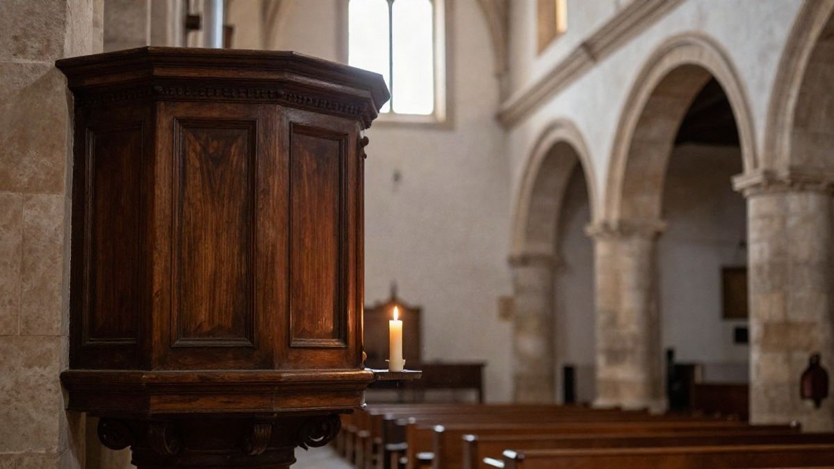 Imagen ilustrativa: púlpito de madera antiguo en una nave tranquila de iglesia andaluza, con una vela encendida sobre el borde
