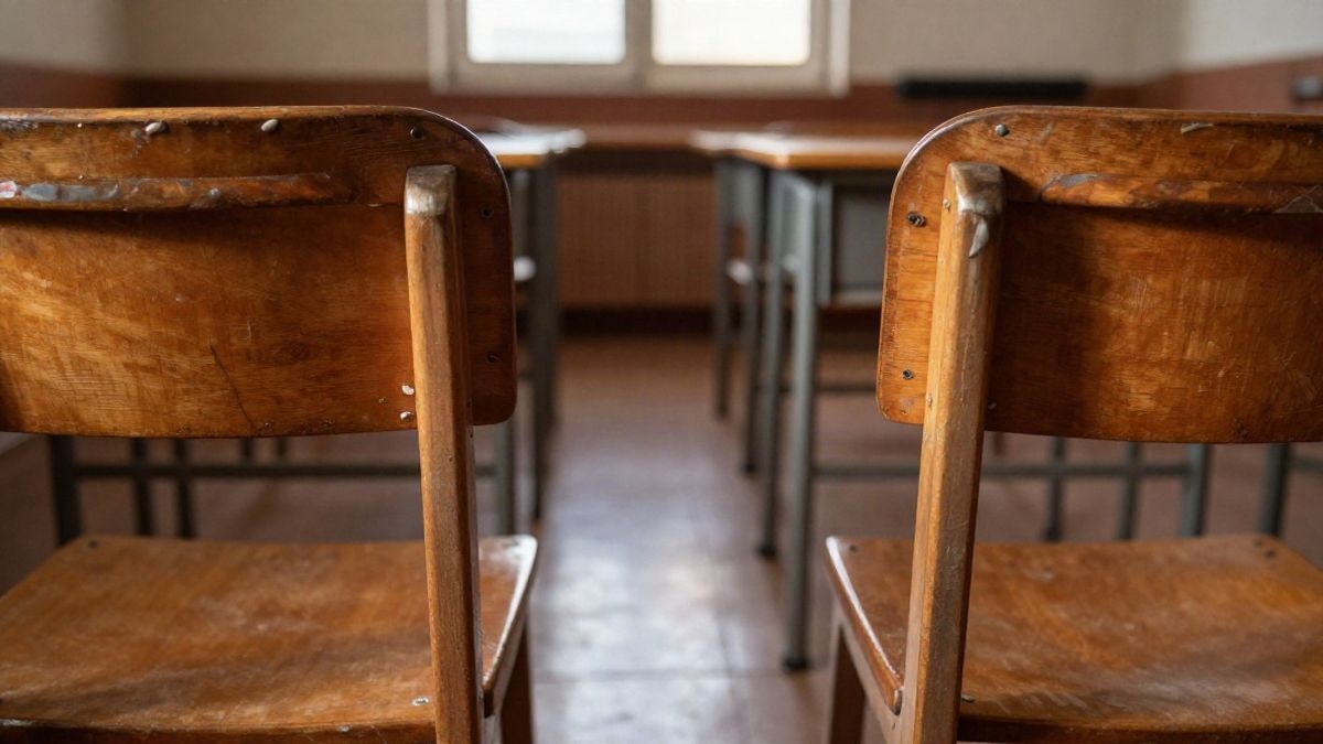 Imagen ilustrativa: detalle de dos sillas de madera enfrentadas en un aula con luz natural