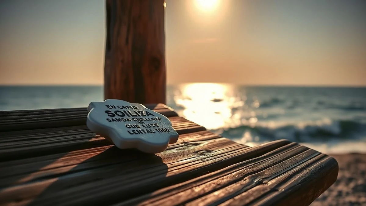 Placa de cerámica en un banco de madera frente al mar al atardecer
