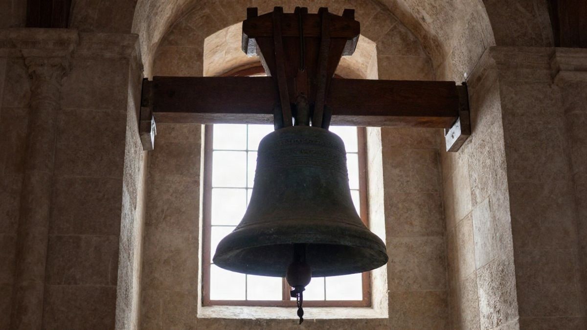 Imagen ilustrativa: interior de una torre campanario con una gran campana de bronce iluminada por luz de ventana
