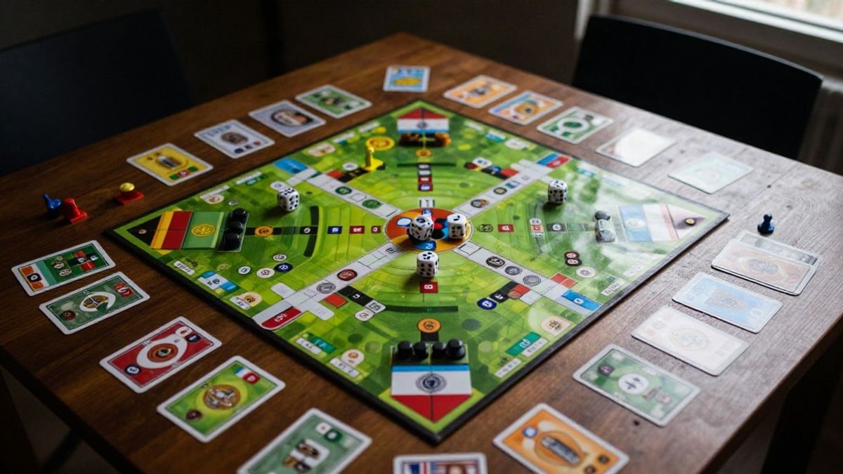 Imagen ilustrativa: vista cenital de una mesa con un juego de mesa, dados y cartas