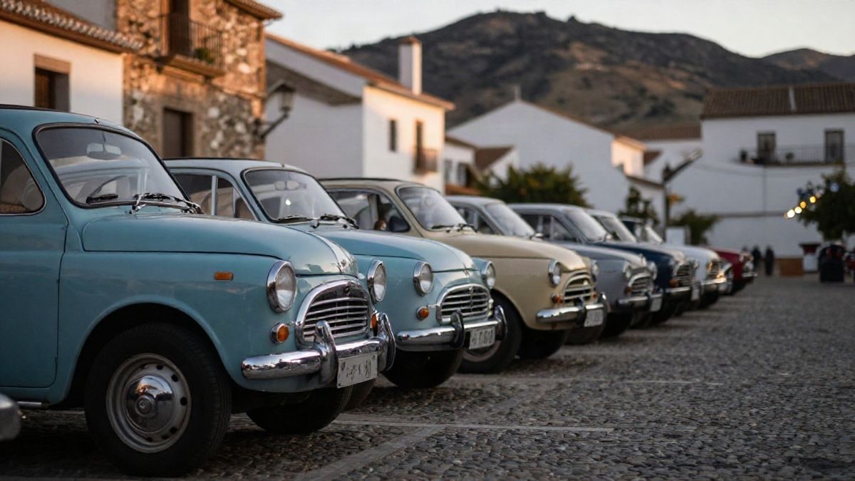 Imagen ilustrativa: coches clásicos aparcados en una plaza de un pueblo serrano andaluz al atardecer