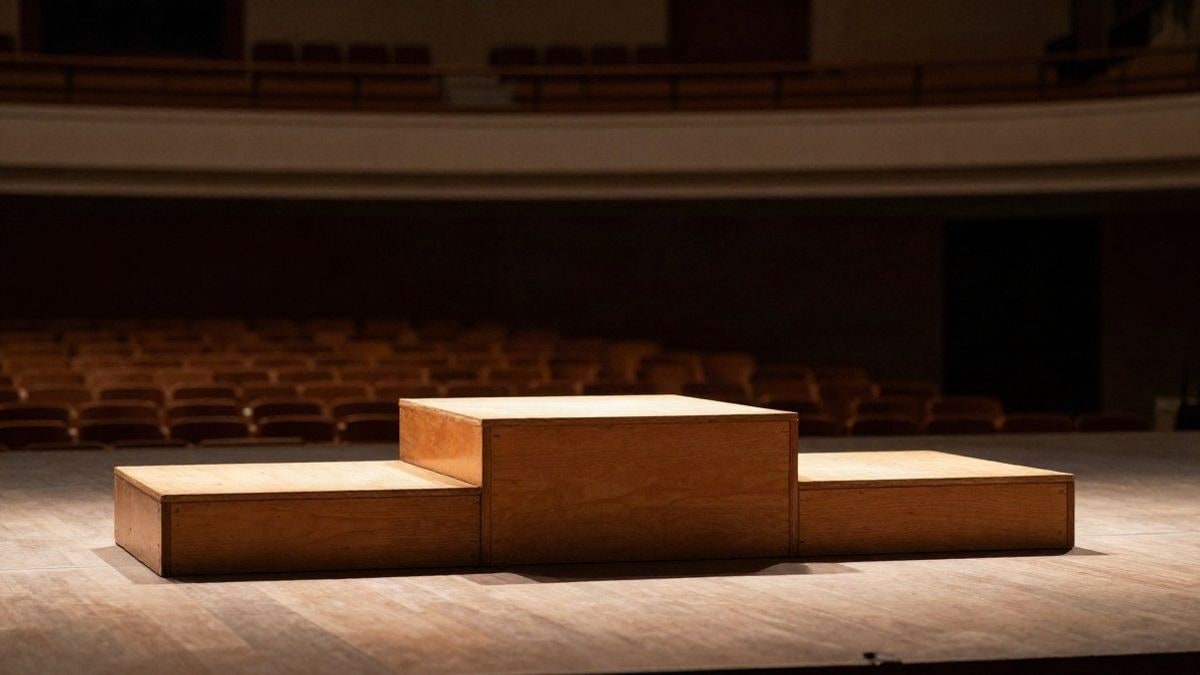 Imagen ilustrativa: un atril vacío sobre un escenario con un auditorio desenfocado al fondo