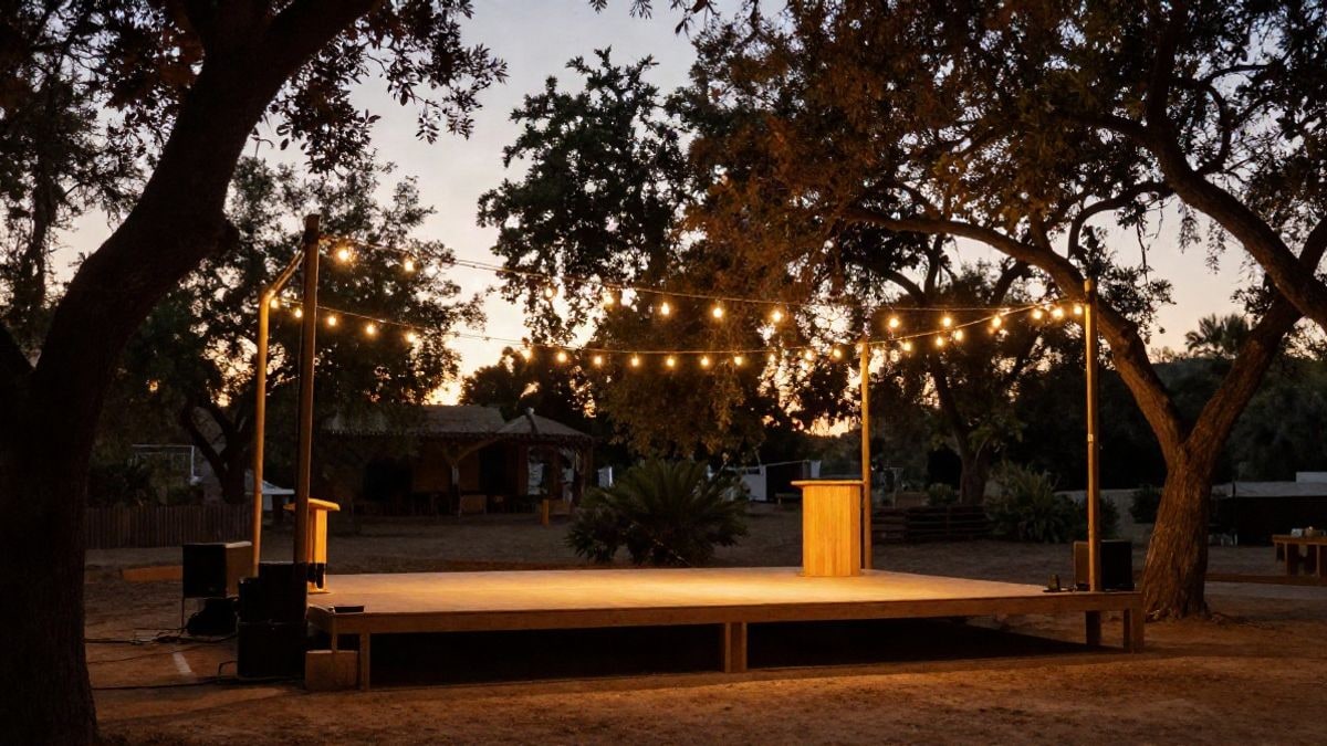 Imagen ilustrativa: un escenario al aire libre con un atril vacío y luces cálidas al atardecer en un entorno rural