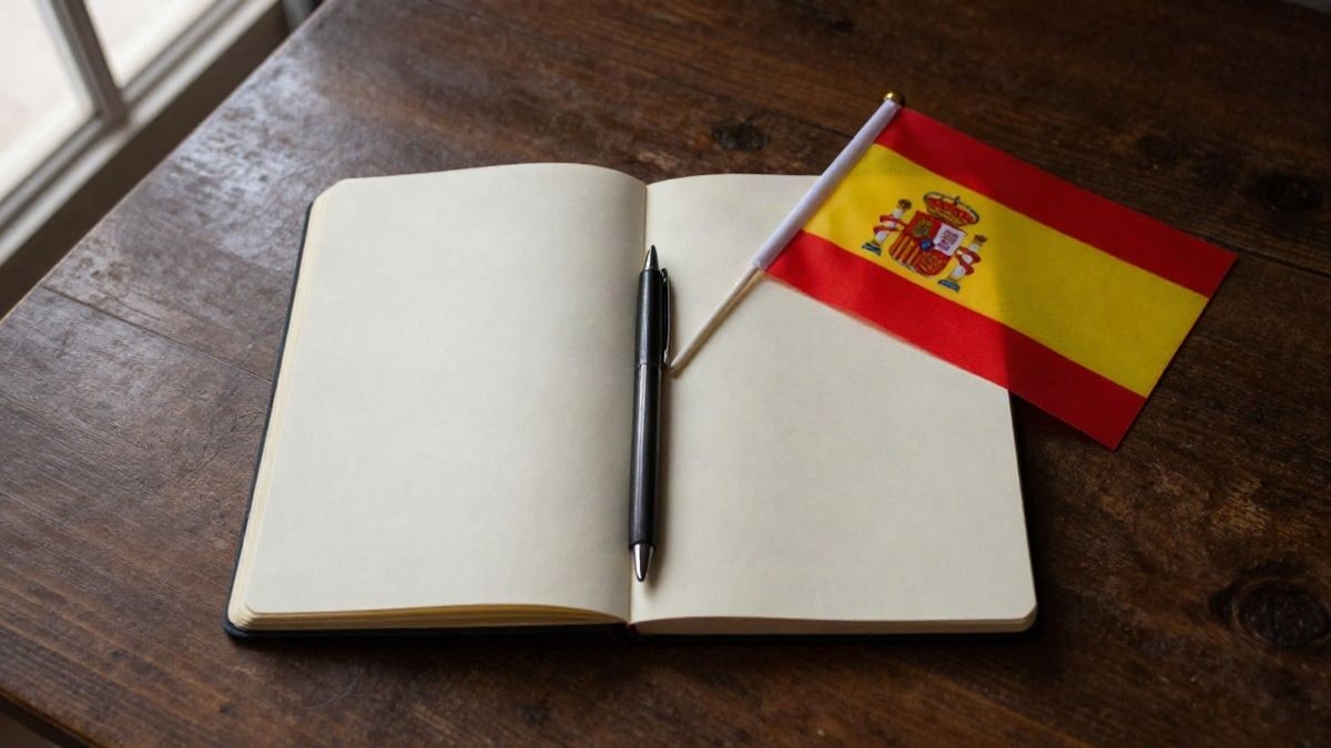 Imagen ilustrativa: vista cenital de una mesa de madera con un cuaderno en blanco y un bolígrafo
