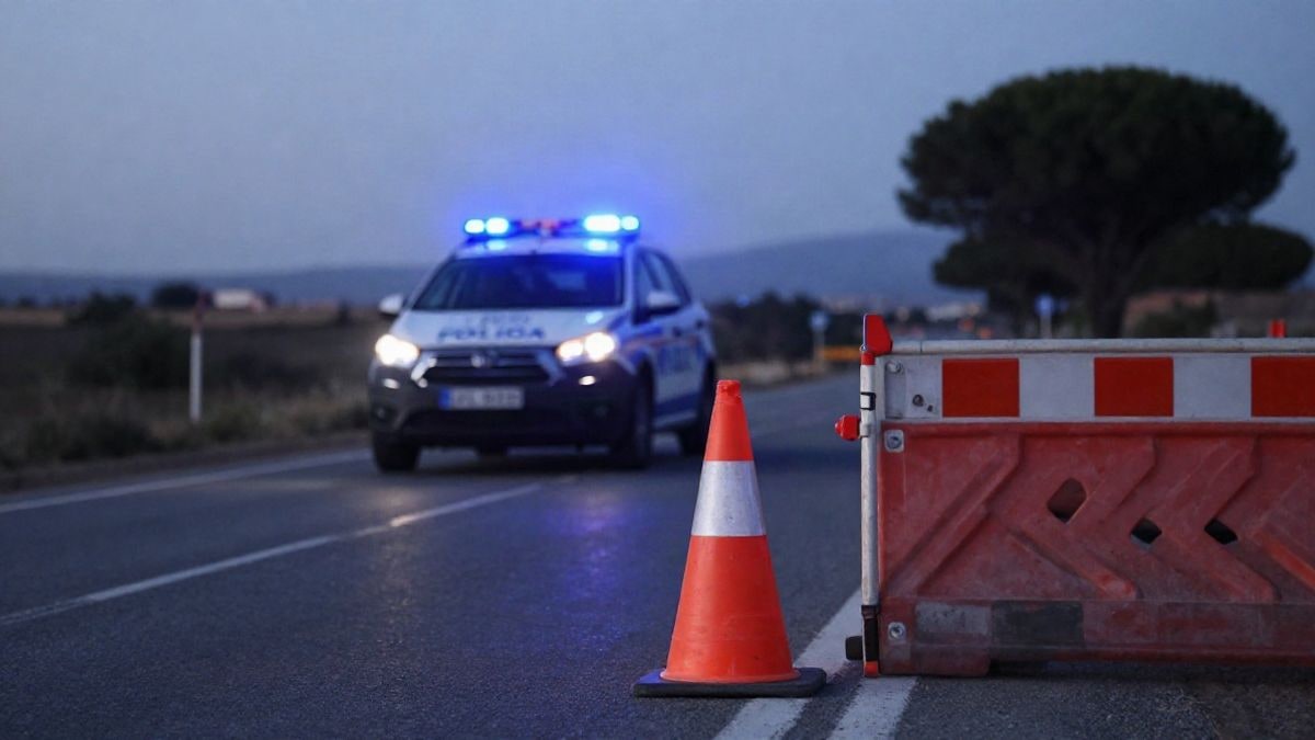 Imagen ilustrativa: un control policial en una carretera rural al atardecer, con luces azules de un coche patrulla al fondo.