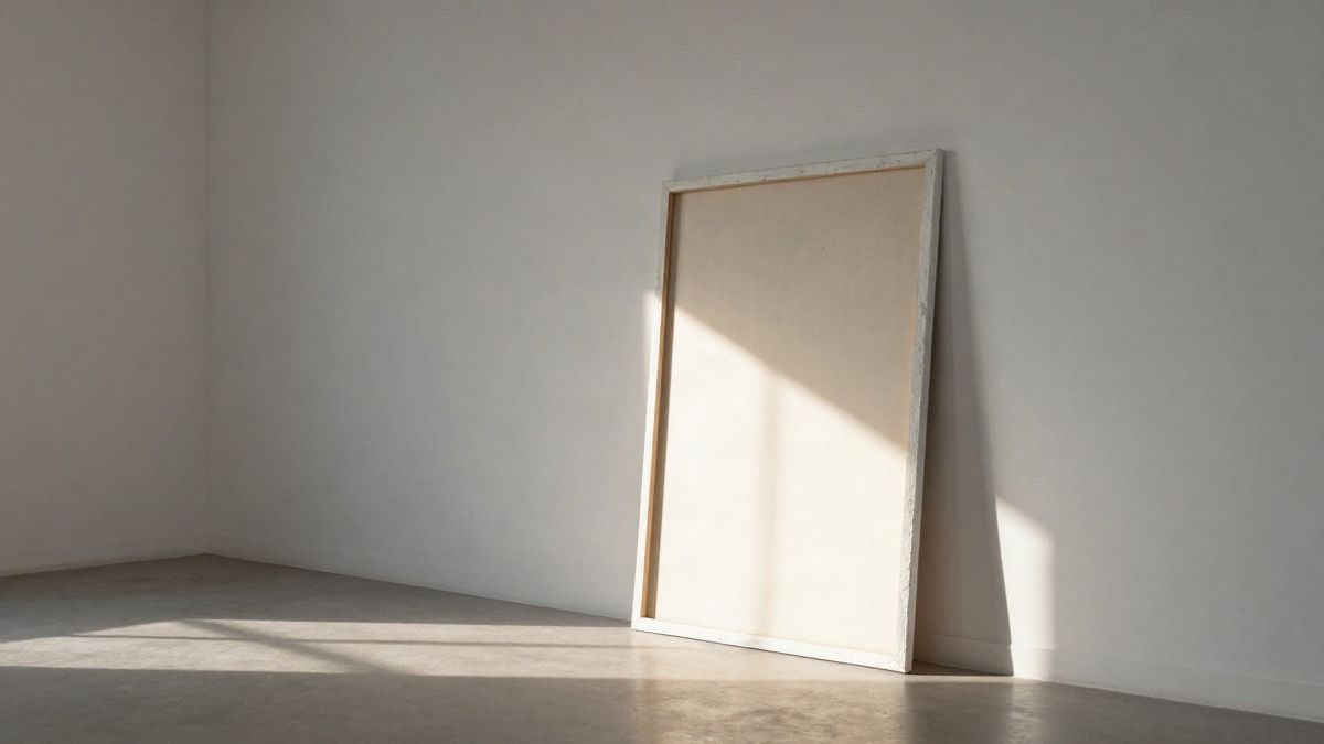 Imagen ilustrativa: pared de galería vacía con un lienzo apoyado y sombras largas al atardecer