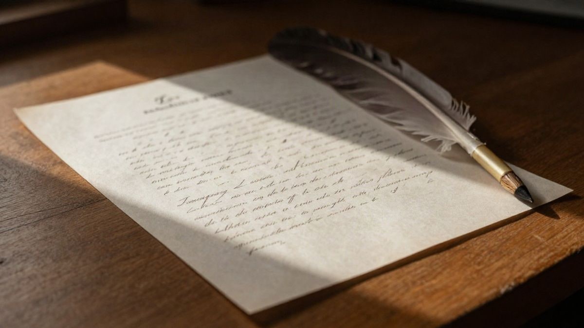 Imagen ilustrativa: documento antiguo con escritura manuscrita y pluma sobre una mesa de madera, iluminado por luz natural de ventana.