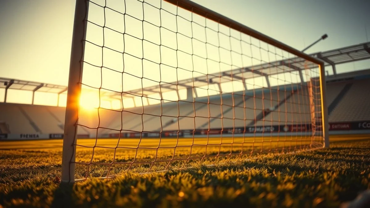 Imagen ilustrativa: portería de fútbol vacía al atardecer, con el césped iluminado por la luz dorada