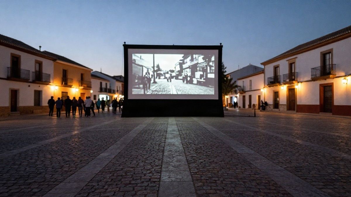 Imagen ilustrativa: proyección nocturna al aire libre en una plaza de pueblo con pantalla grande y sillas