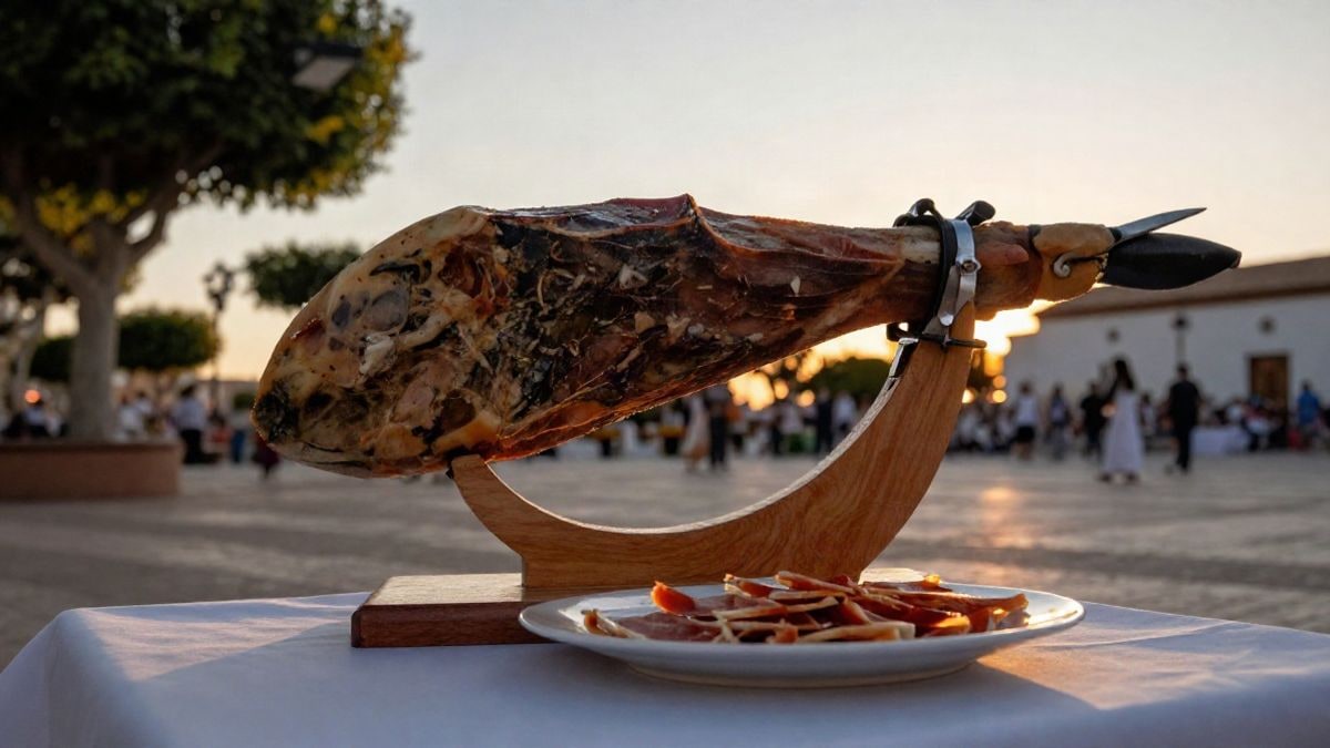 Imagen ilustrativa: jamón ibérico en un soporte de madera con cuchillo y plato de lonchas al atardecer