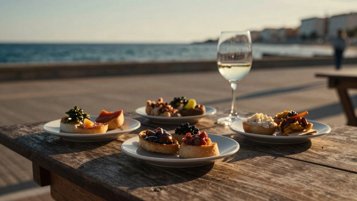 Imagen ilustrativa: platos de tapas variadas sobre una mesa de madera al aire libre, con luz de atardecer