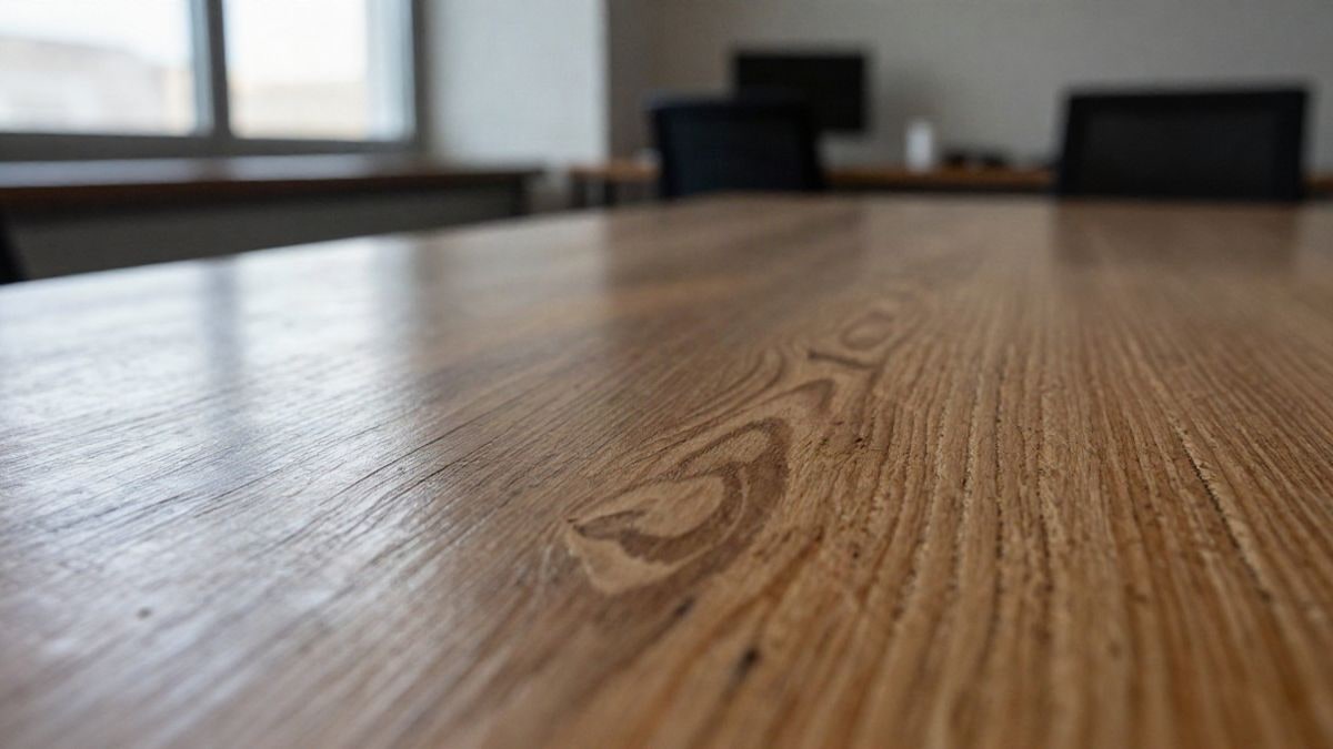 Imagen ilustrativa: detalle de una mesa de madera y metal iluminada por luz natural en un espacio de trabajo