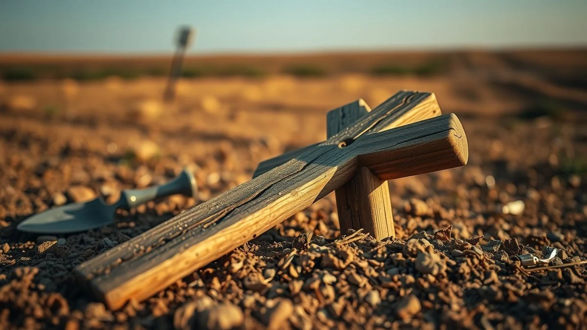 Cruz de madera sobre tierra seca con una pala al lado, en un campo abierto con luz de atardecer