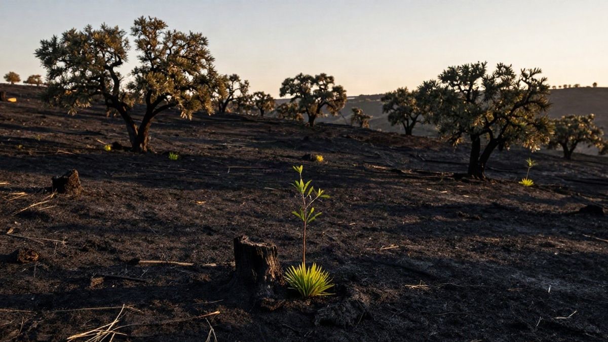 Imagen ilustrativa: un paisaje mediterráneo quemado al atardecer, con un pequeño brote verde plantado en primer plano