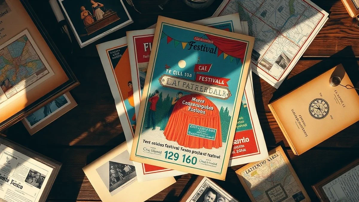 Imagen ilustrativa: vista cenital de un cartel festivo antiguo sobre una mesa de madera con fotografías y mapas