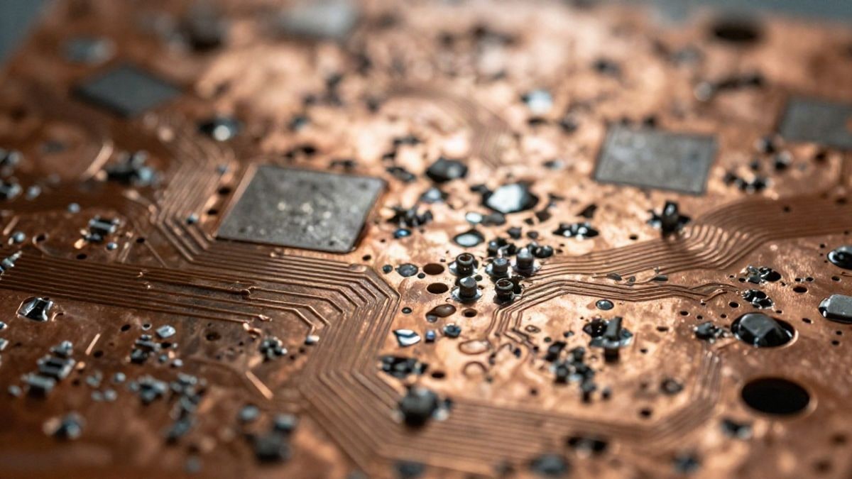 Imagen ilustrativa: fragmentos de cobre y placas electrónicas con reflejos metálicos