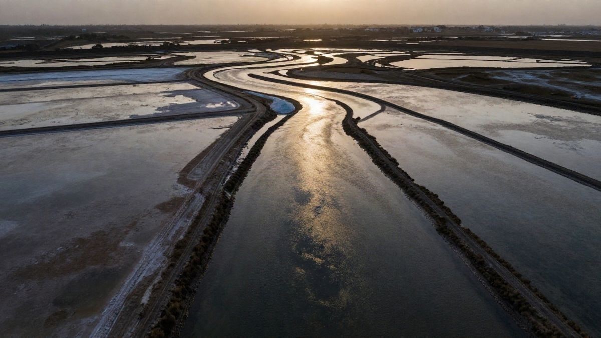 Imagen ilustrativa: vista aérea de salinas y esteros al atardecer, con canales de agua reflejando la luz dorada.