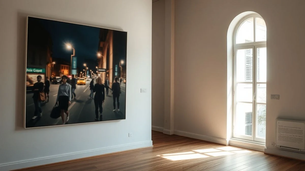 Imagen ilustrativa: interior de una sala de exposiciones con cuadros abstractos de escenas urbanas nocturnas iluminados por luz lateral de ventana