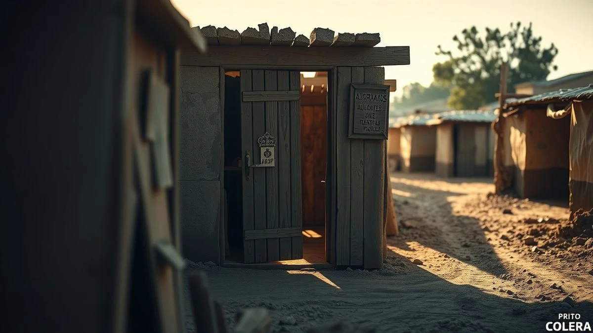 Puerta de chabola en un asentamiento de temporeros, con luz de atardecer y sombras largas