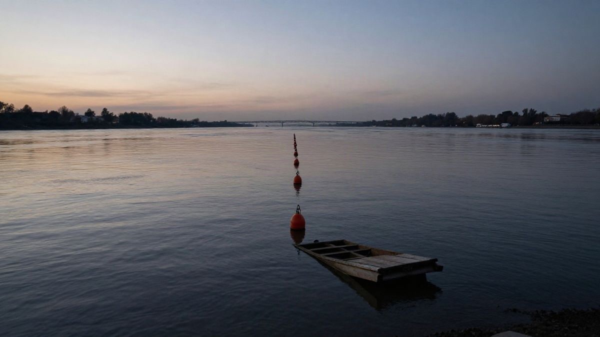 Imagen ilustrativa: vista amplia de un río al atardecer con boyas y un puente al fondo