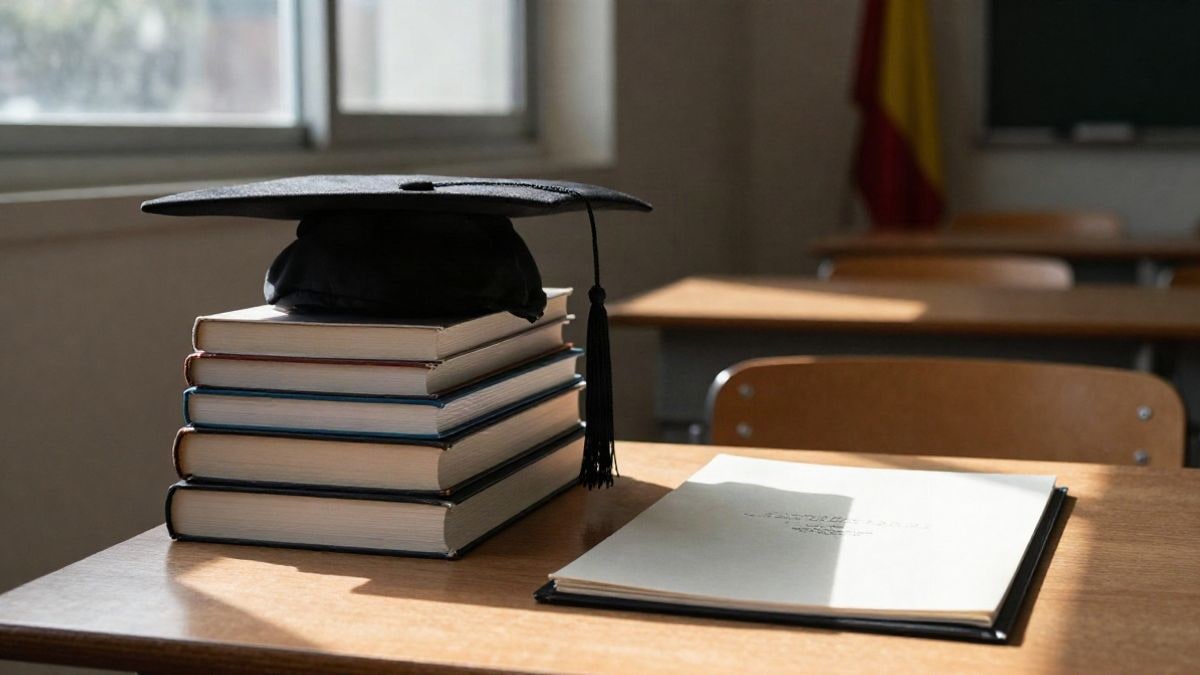 Imagen ilustrativa: libros académicos y birrete sobre una mesa junto a una ventana con luz lateral