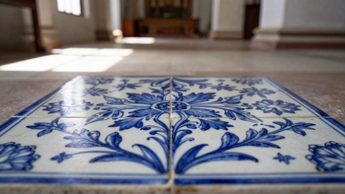 Imagen ilustrativa: azulejo andaluz con motivos florales en el interior de una iglesia, con luz natural lateral.