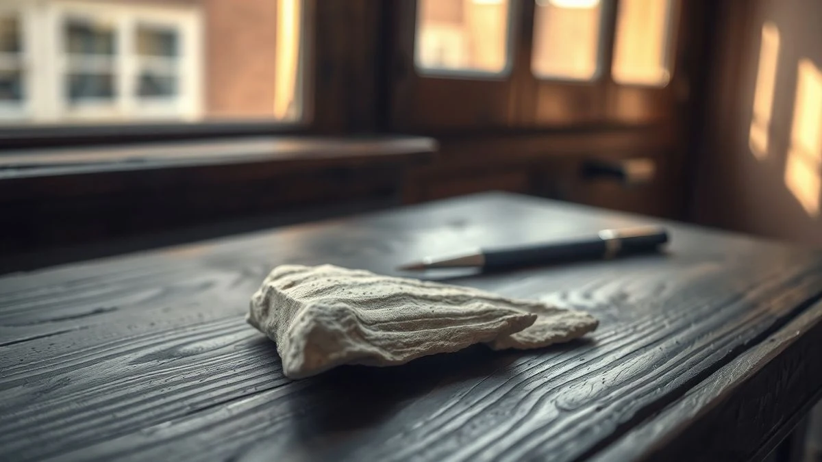 Primer plano de una herramienta de piedra sobre madera oscura, con luz natural suave