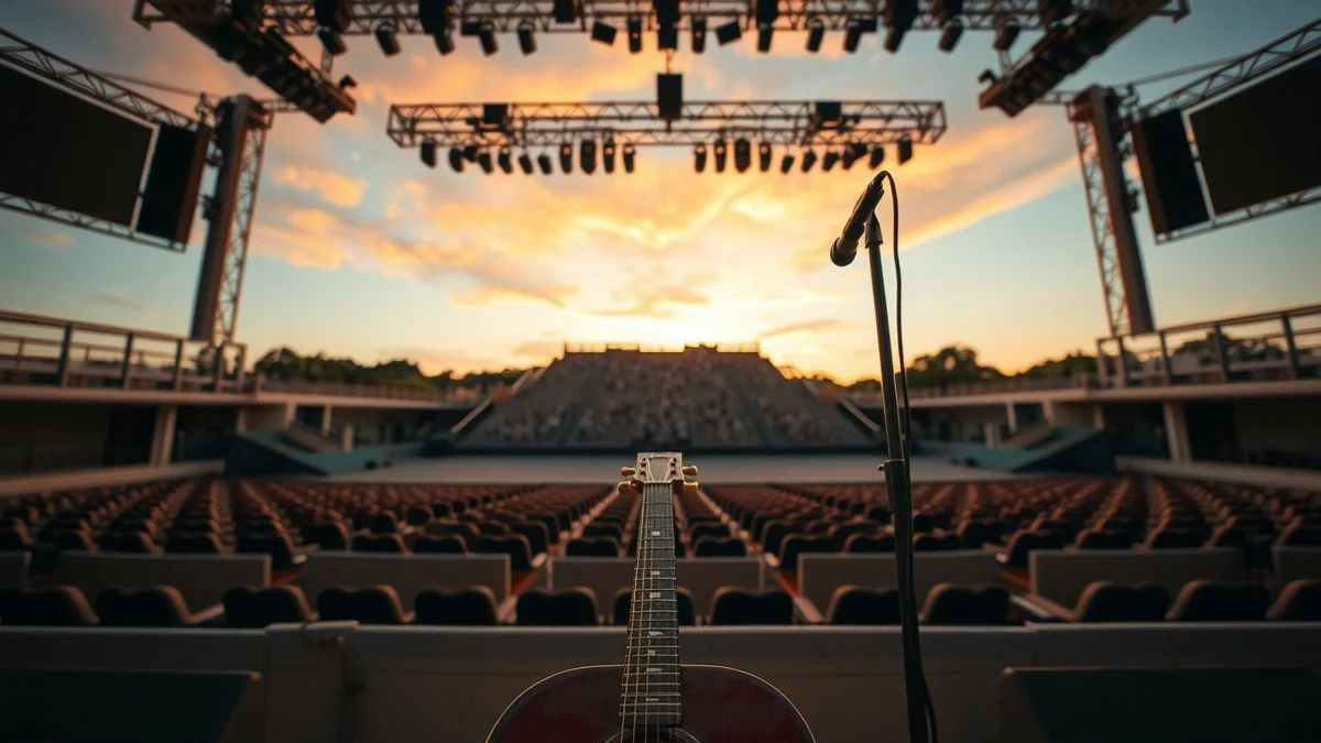 Escenario del Foro Iberoamericano de La Rábida al atardecer, con guitarra y micrófono en primer plano.