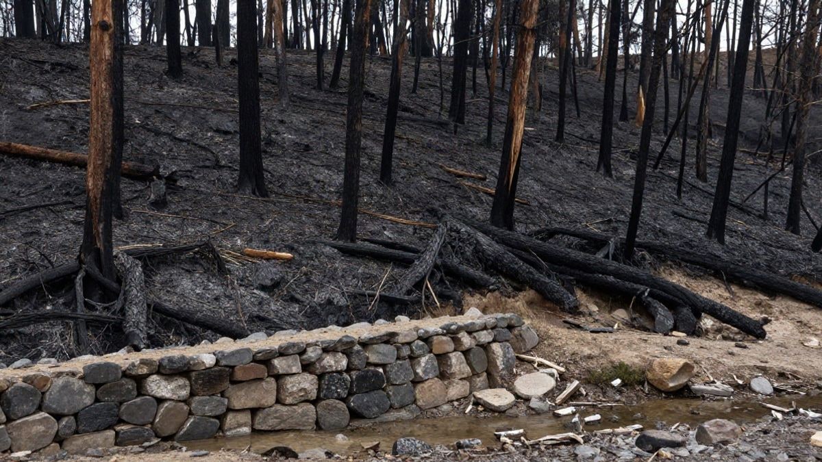 Imagen ilustrativa: ladera con árboles calcinados y suelo cubierto de ceniza tras un incendio forestal, con una pequeña presa de piedra en un cauce seco.