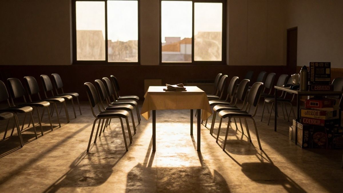 Imagen ilustrativa: sala comunitaria con sillas vacías y luz de atardecer entrando por los ventanales
