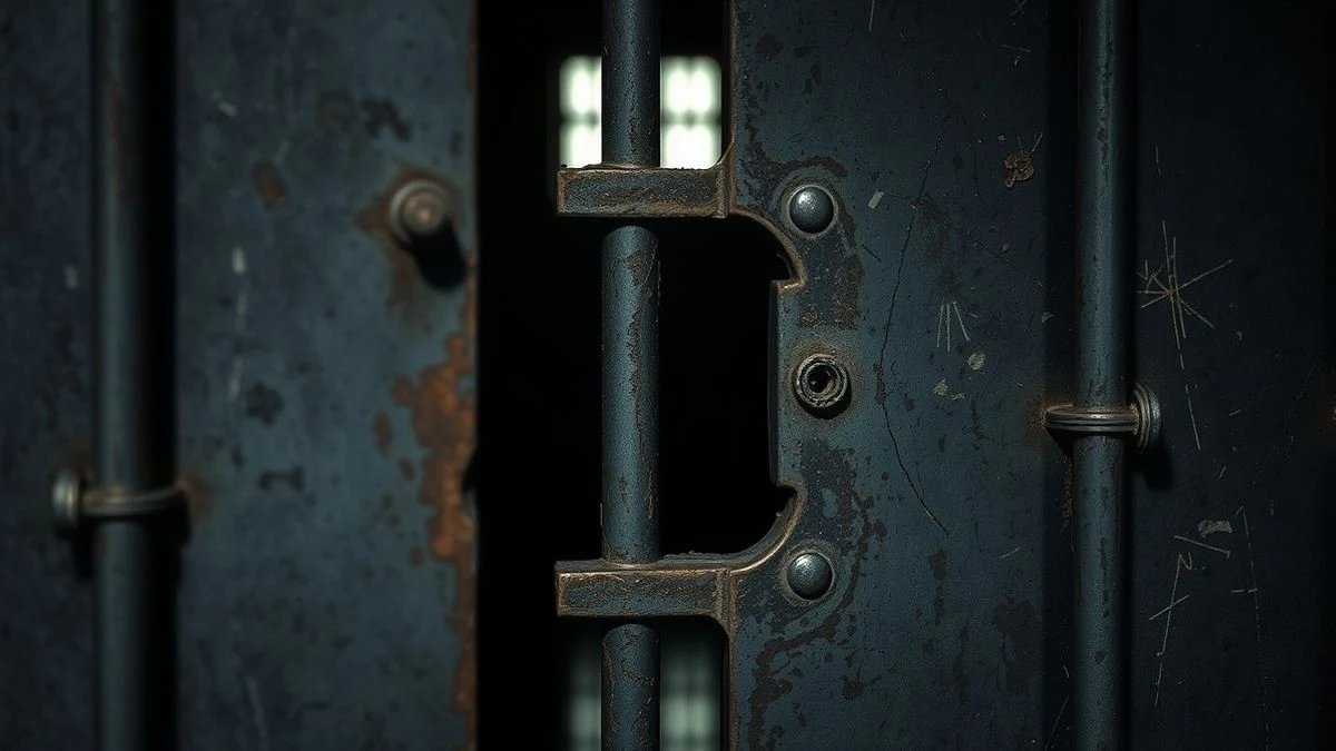 Imagen ilustrativa: detalle de una puerta metálica de celda con óxido y rayones, iluminación tenue