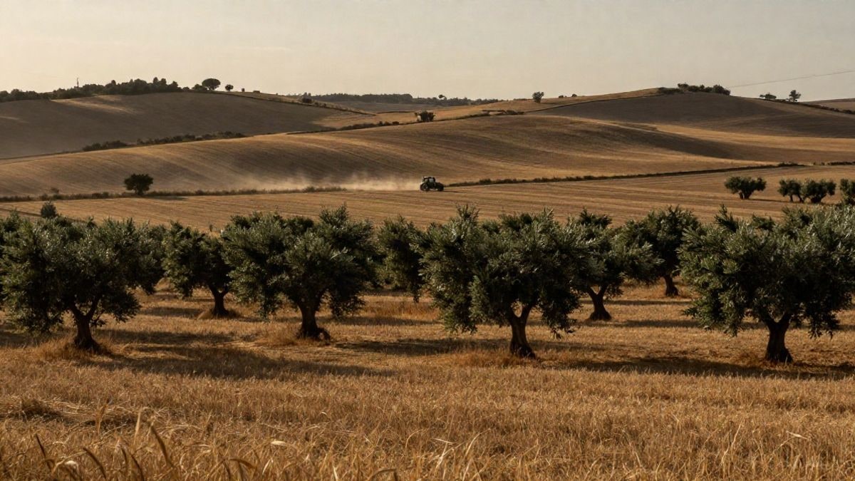 Imagen ilustrativa: campos de secano andaluces al atardecer con un tractor en la lejanía.