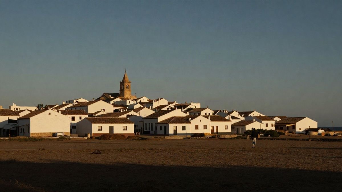 Imagen ilustrativa: un pueblo blanco andaluz con una torre de iglesia al fondo, visto desde un campo abierto al atardecer