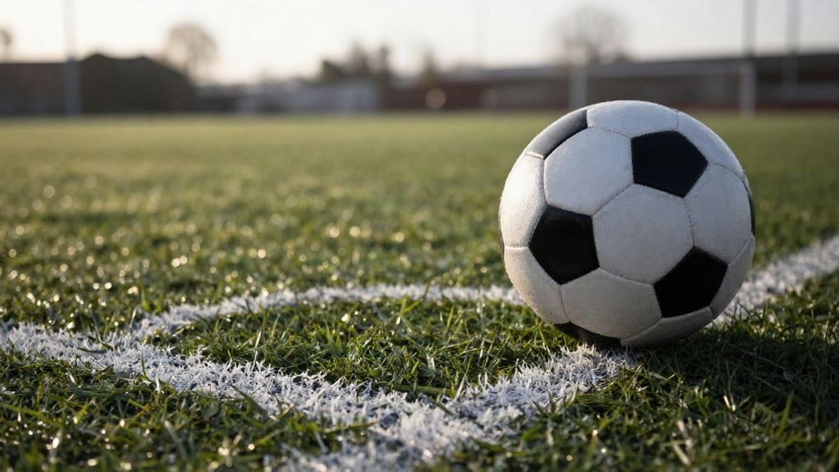 Imagen ilustrativa: marca de penalti sobre hierba húmeda con un balón al lado, iluminada por la luz suave del atardecer