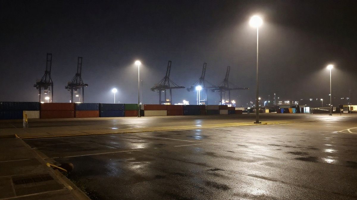 Imagen ilustrativa: zona portuaria genérica de noche iluminada por farolas y grúas
