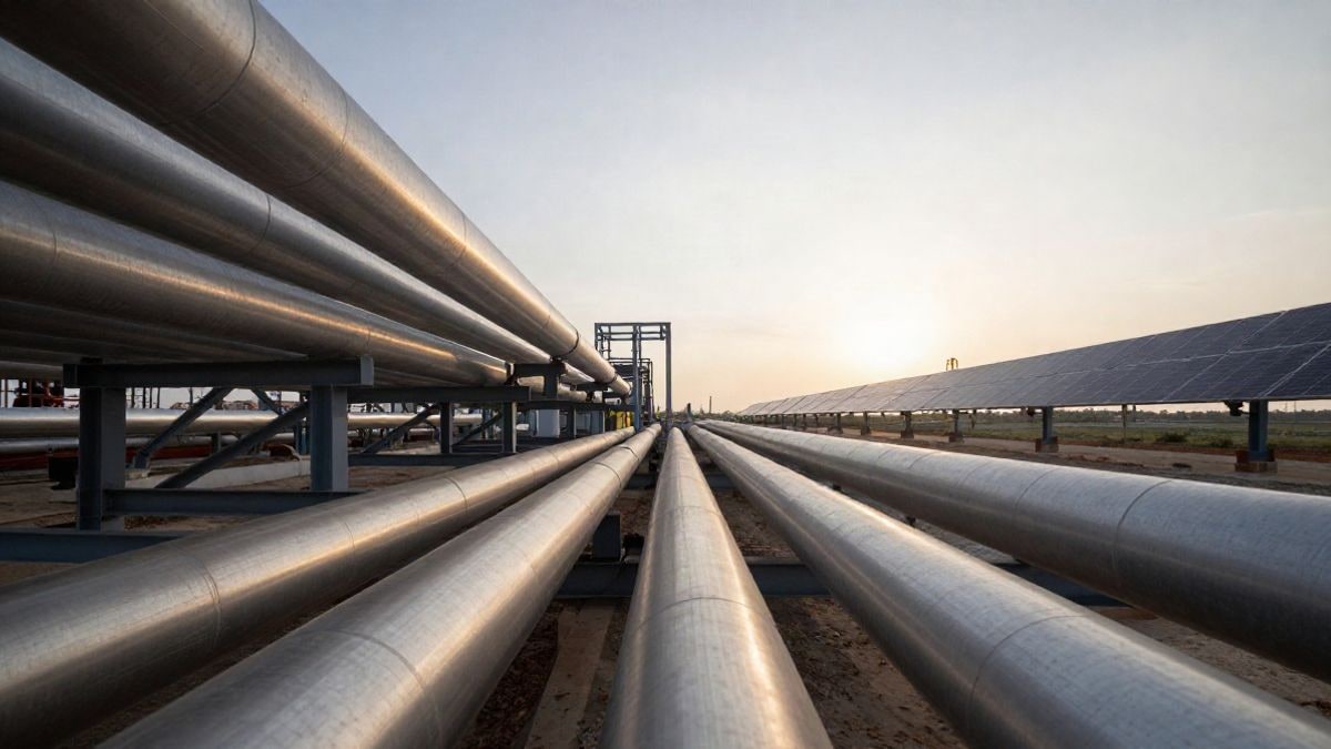 Imagen ilustrativa: gran angular de tuberías y estructuras industriales de una planta de energía renovable en construcción