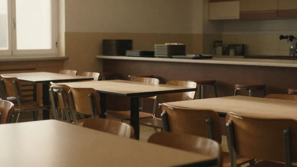 Imagen ilustrativa: comedor escolar vacío con mesas y bandejas apiladas junto a una ventana
