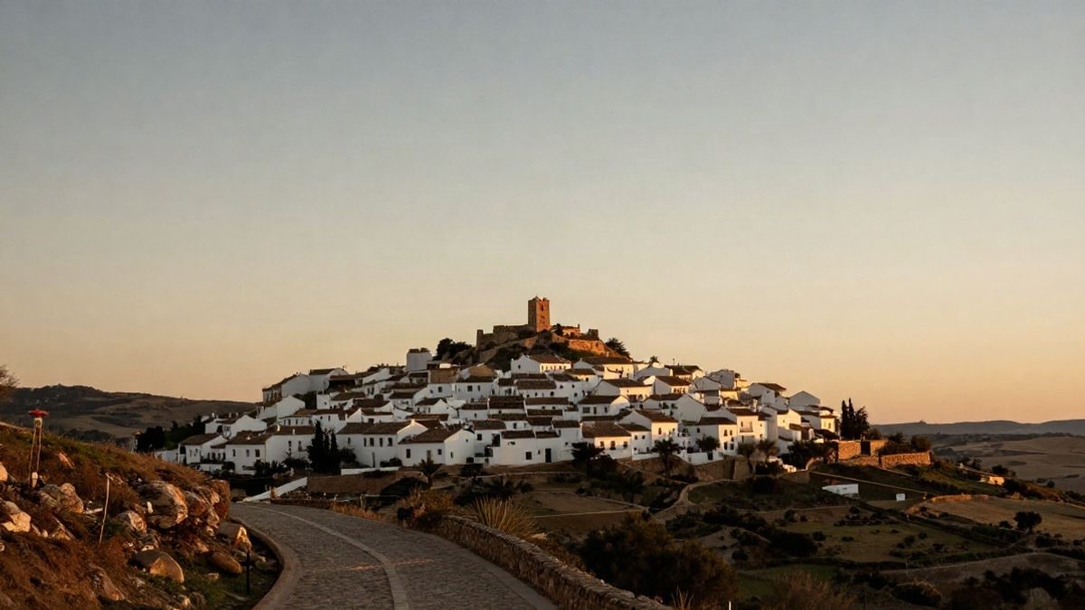 Imagen ilustrativa: un pequeño pueblo blanco andaluz en lo alto de una colina al atardecer, con casas encaladas y un camino empedrado