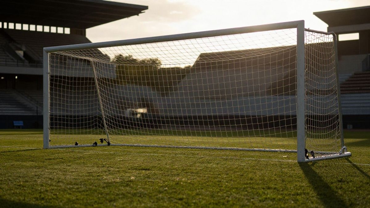 Imagen ilustrativa: portería de fútbol con la red a contraluz en un campo vacío al atardecer