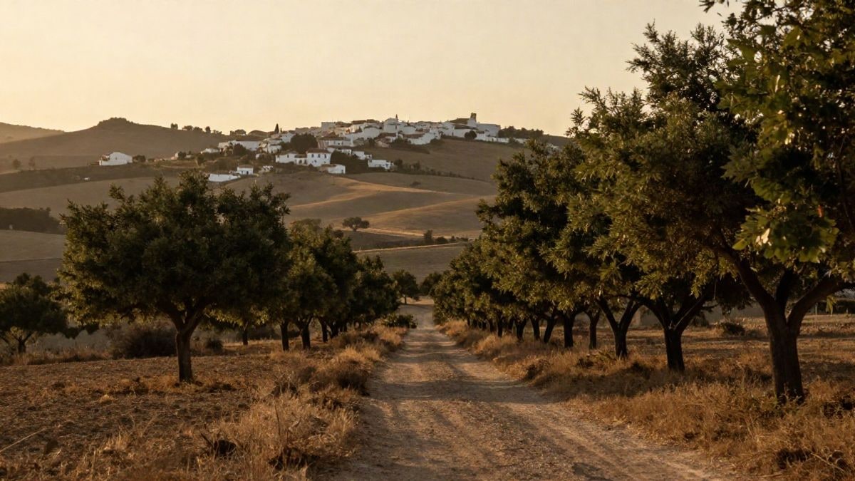 Imagen ilustrativa: paisaje rural de la sierra con caminos entre encinas y pueblos blancos al fondo