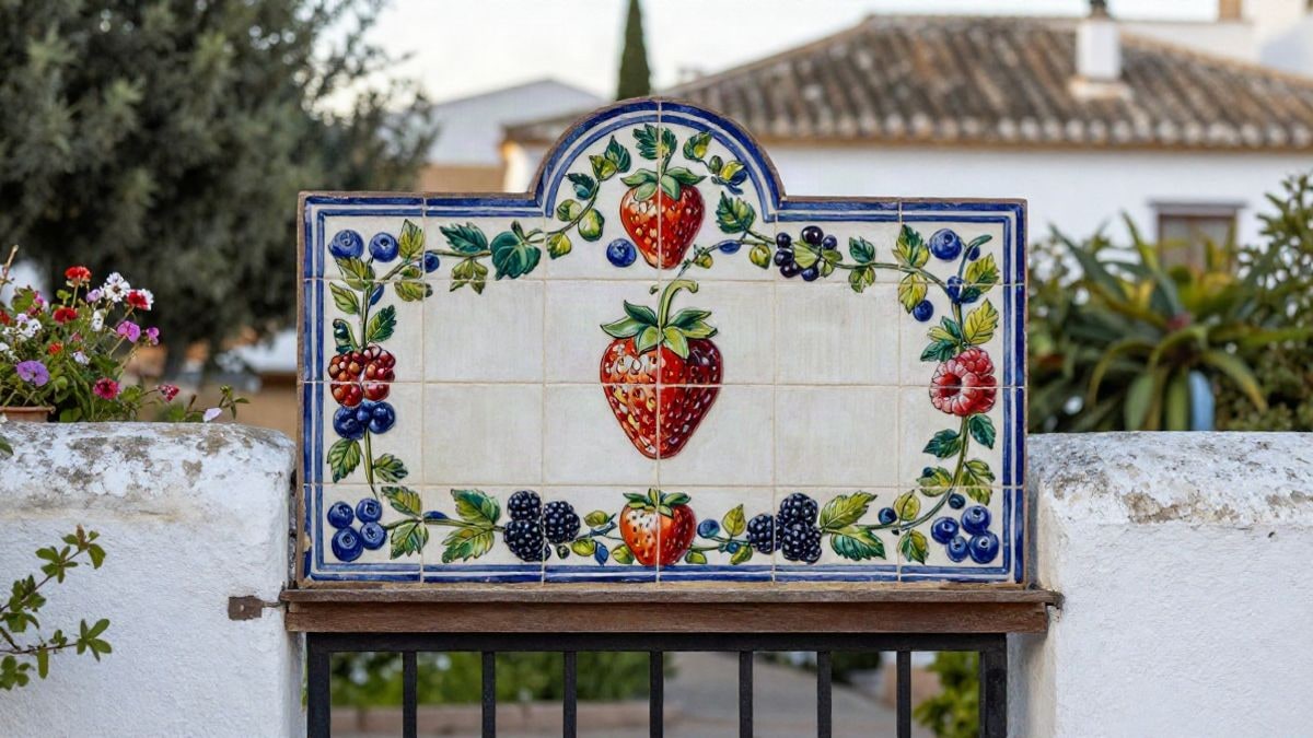 Imagen ilustrativa: entrada de un pueblo andaluz con motivos de frutos rojos en cerámica