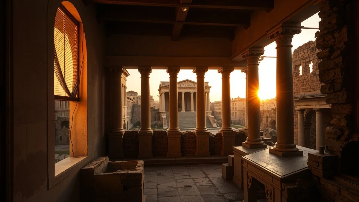 Yacimiento romano de Arucci Turobriga al atardecer, con columnas de piedra y luz cálida de ventana lateral